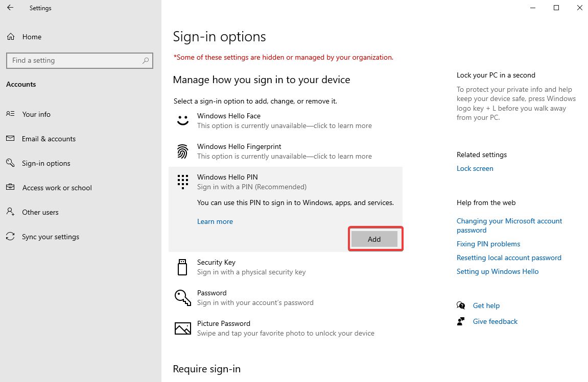 Add Windows Hello PIN