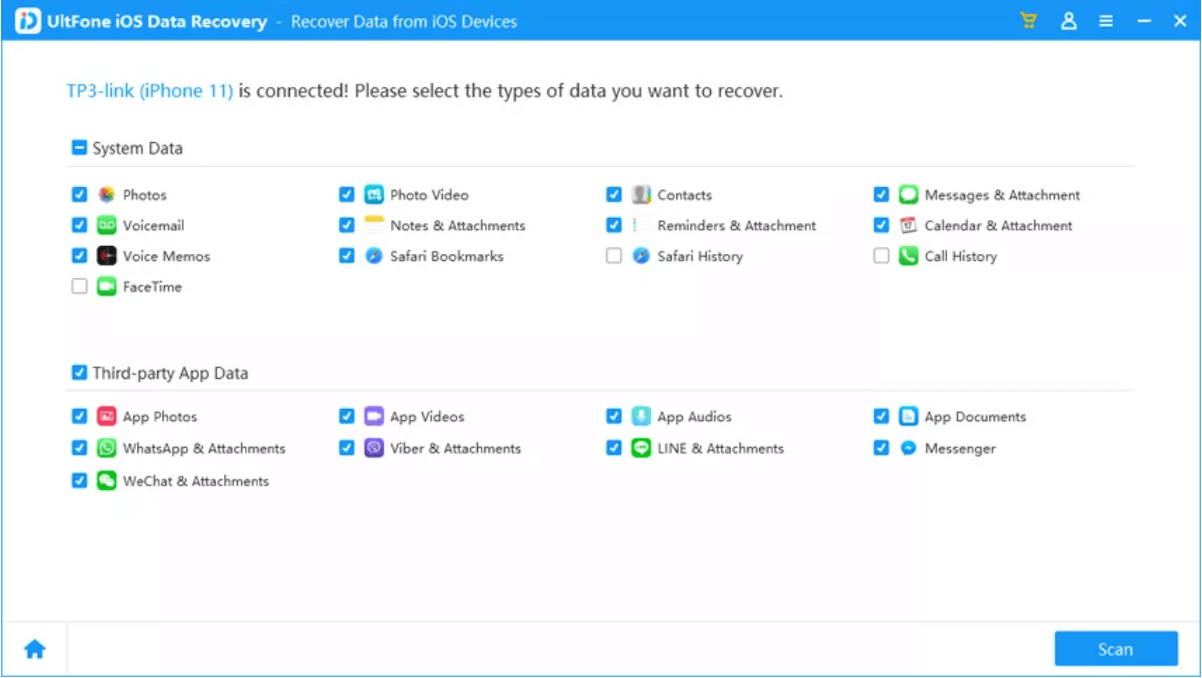 Type of Data you want to recover - UltFone iOS Data Recovery
