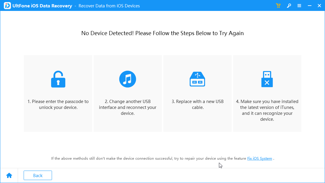 ultfone iOS data recovery - no device Detected