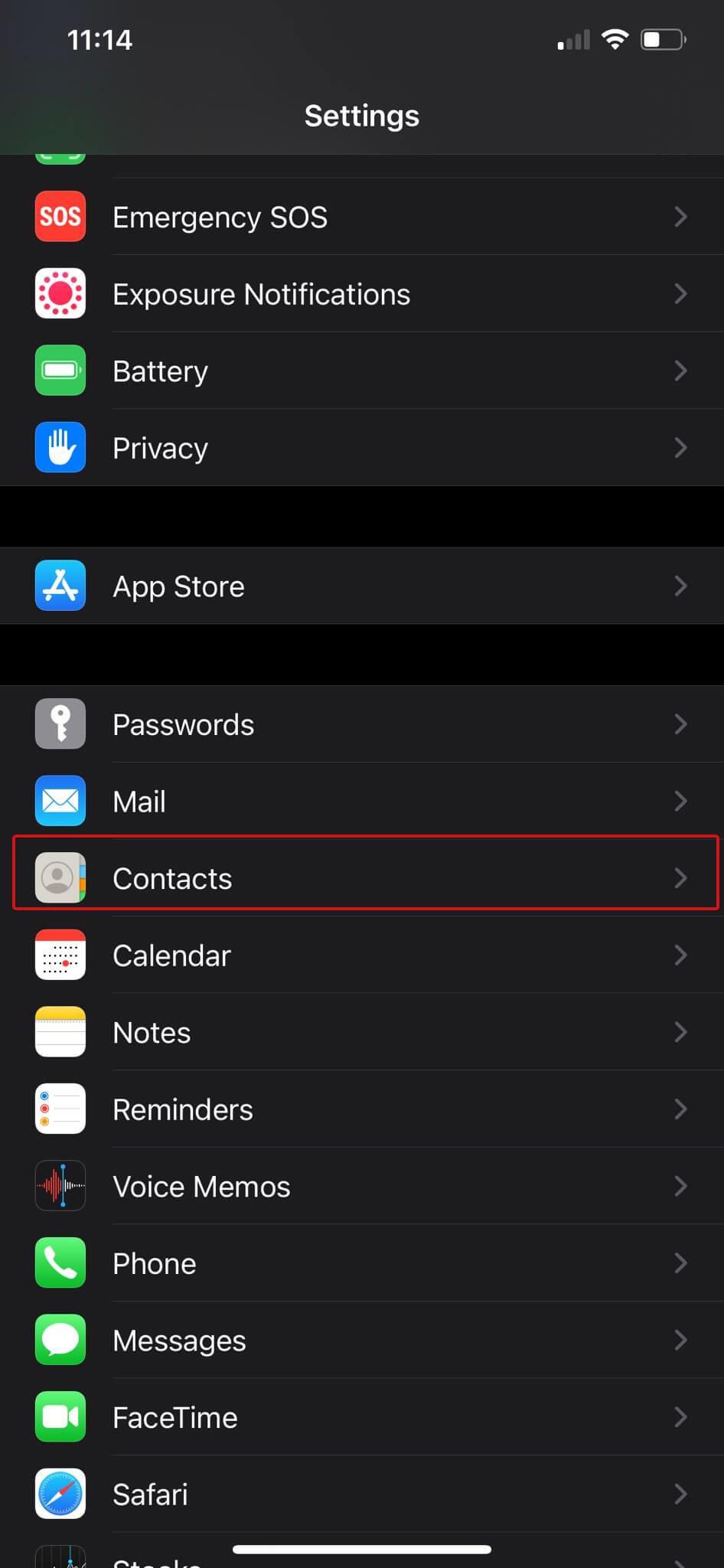 contacts iphone settings