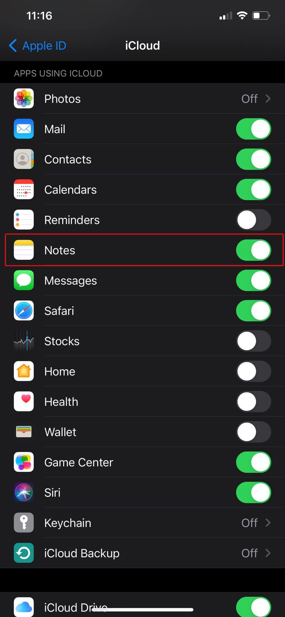 notes app enabled