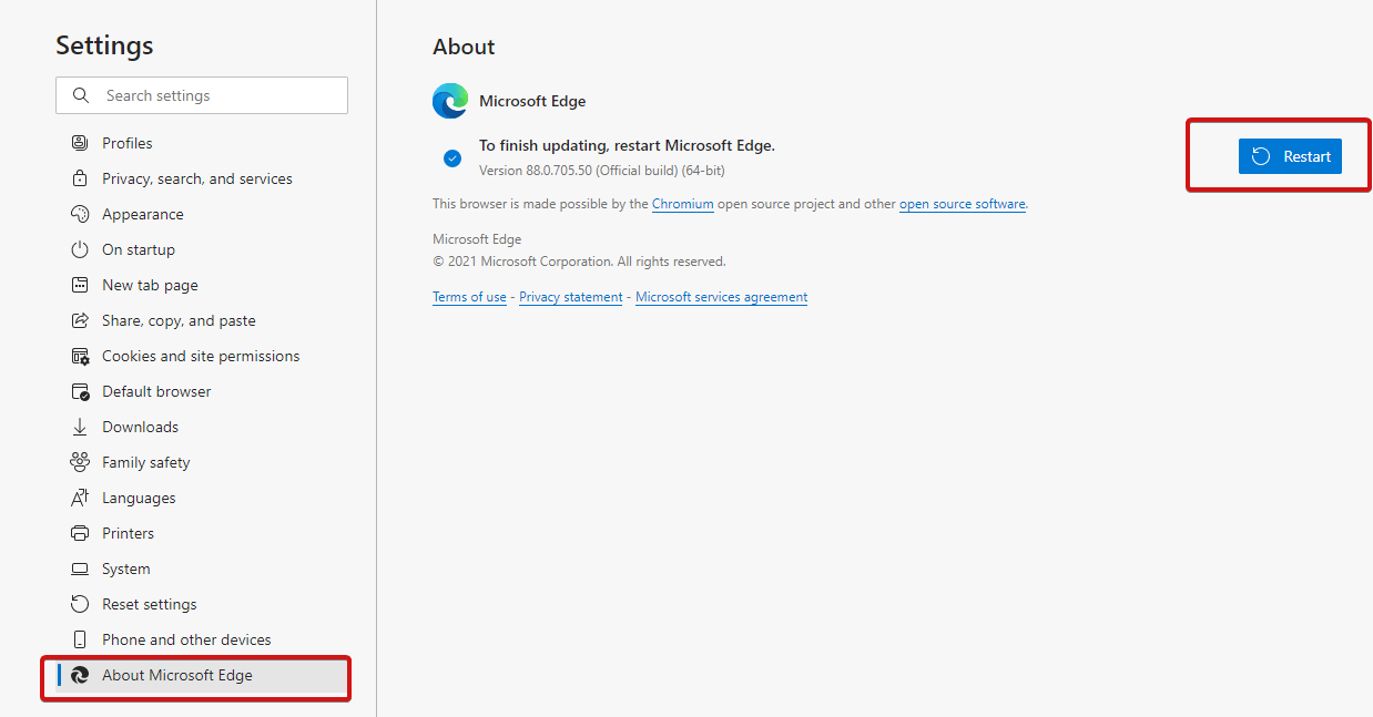 About microsoft edge - Restart