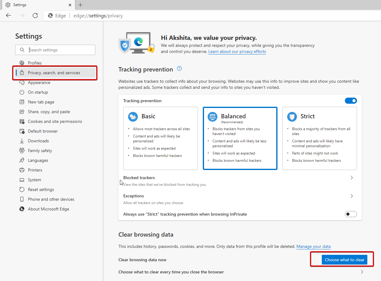 Clear browsing data settings