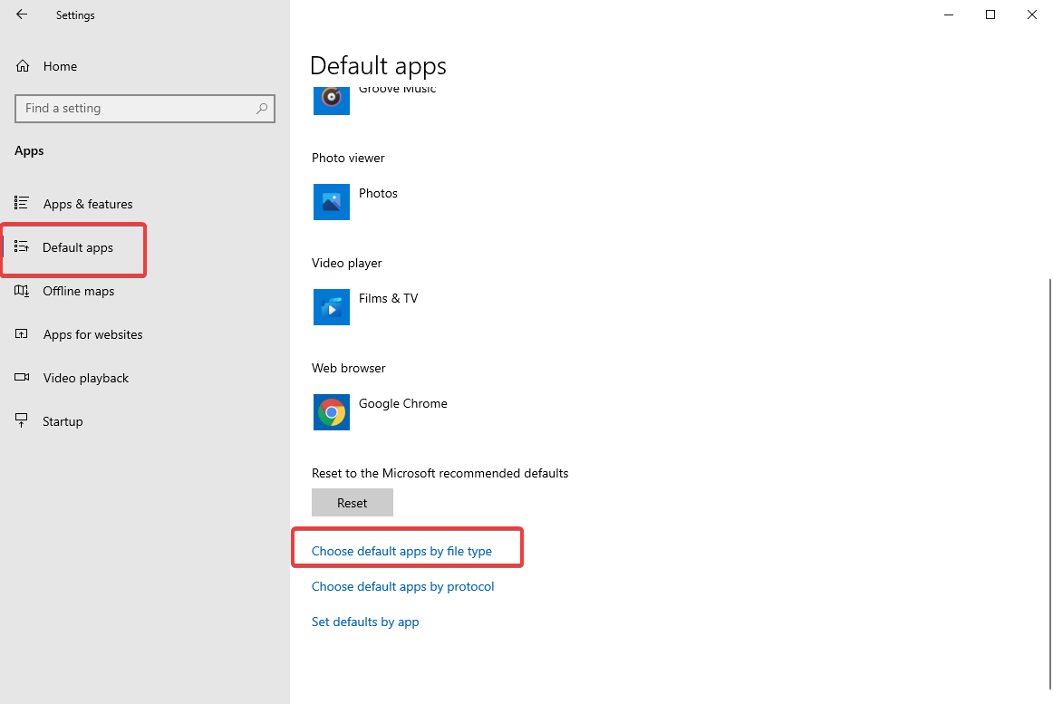 Default Apps by file type