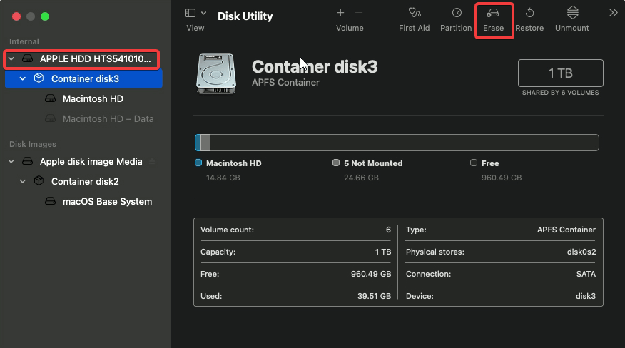 Disk Utility - Erase button