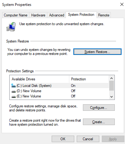 System properties - System Restore