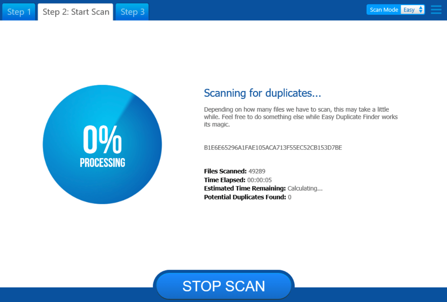 Scans for duplicate files