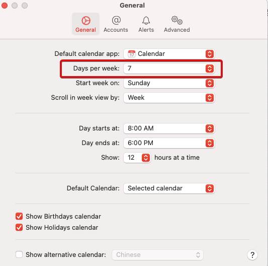 Day per week on calendar on mac