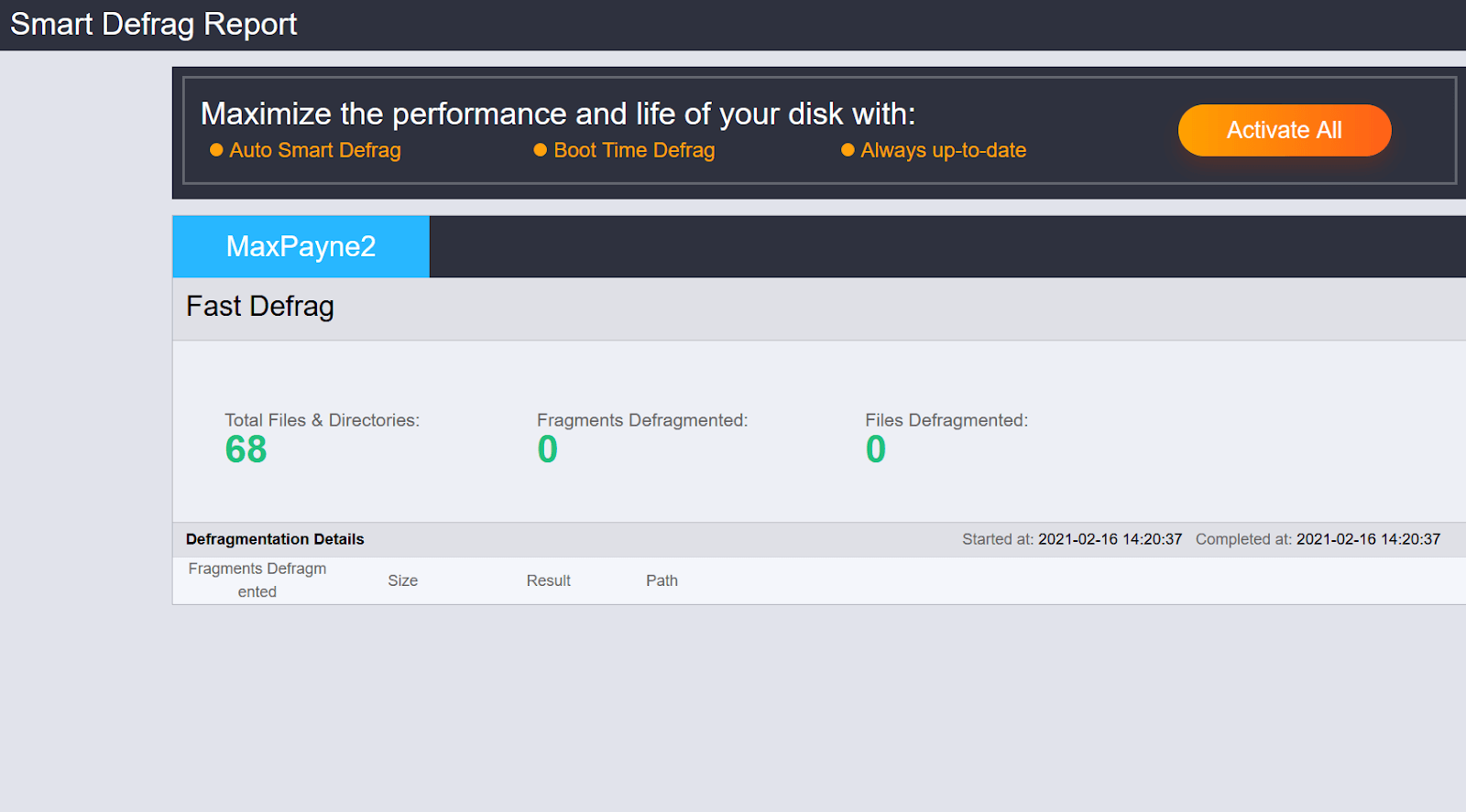 Smart defrag report