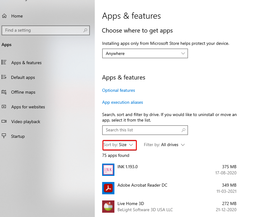 Sort by in Apps and Feature