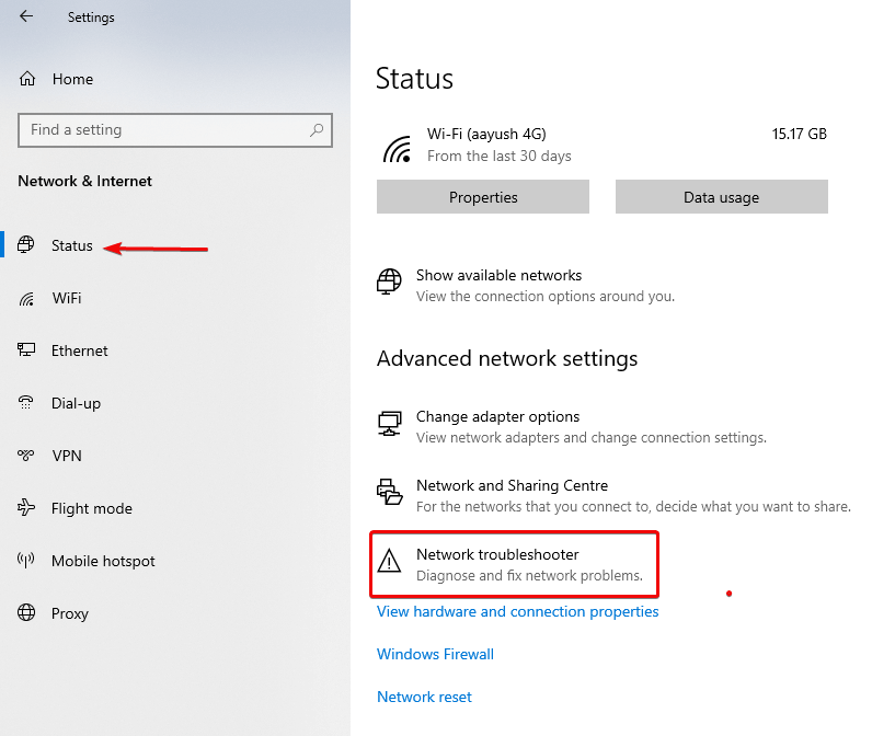 Status of Network Troubleshooter