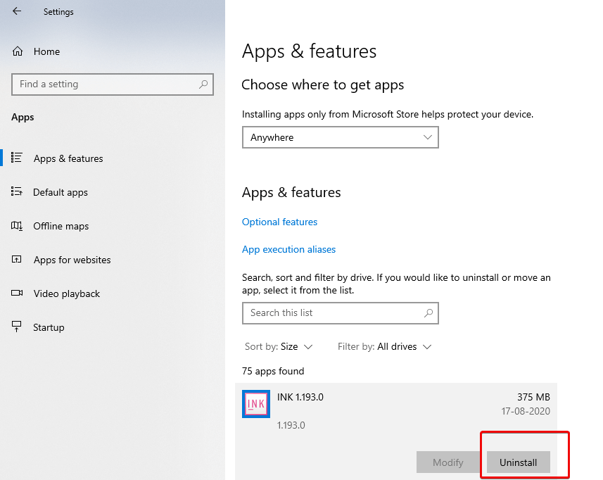 Uninstall in Apps and Features