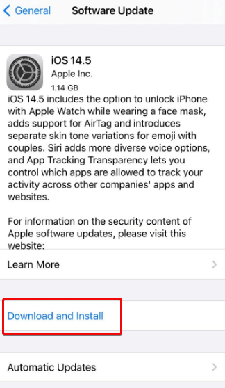 Update Download and Install of ios 14.5