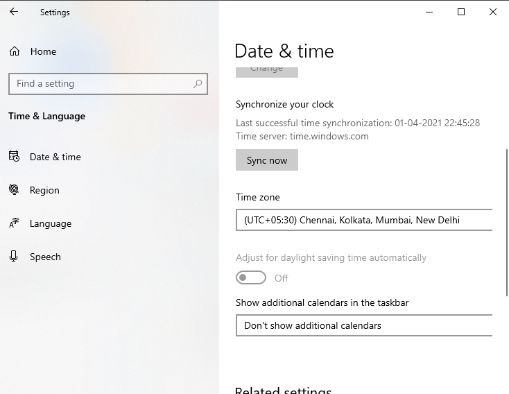 Windows 10 Time Zone