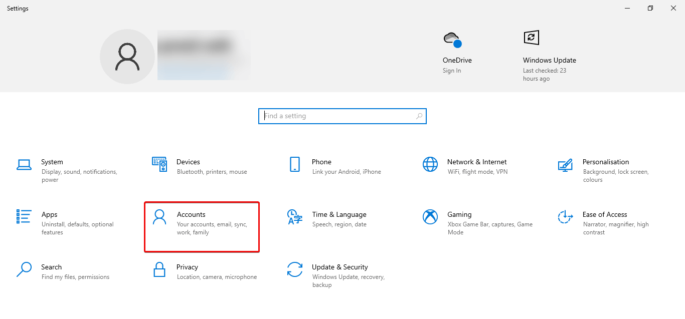 Windows Accounts in Setting