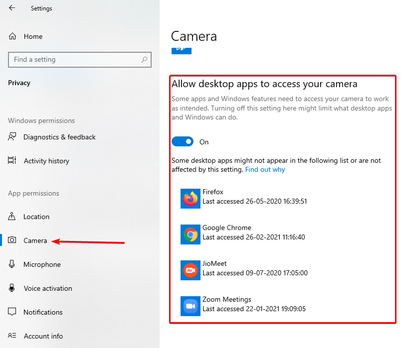 Camera privacy setting