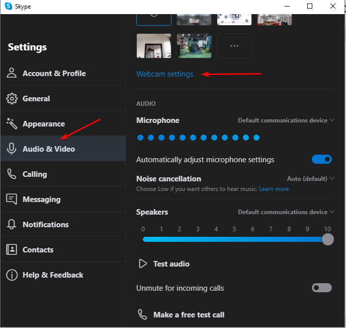 Webcam setting of Skype