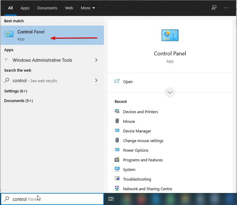 Control Panel windows