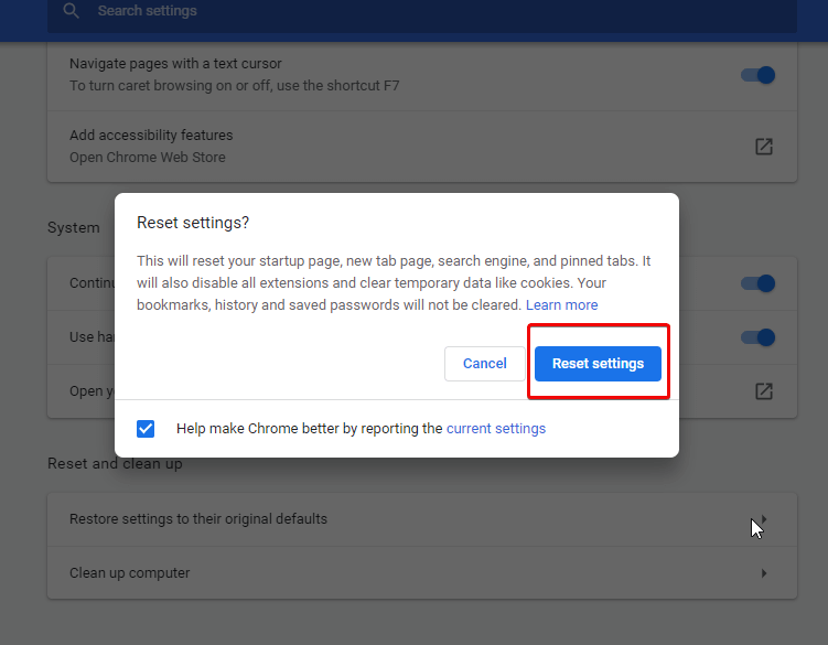 Reset settings