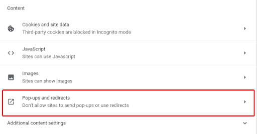 Pop-up and redirects