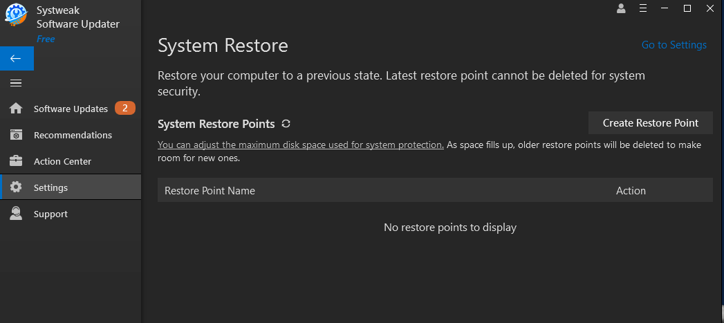 Systweak Software Updater- System Restore