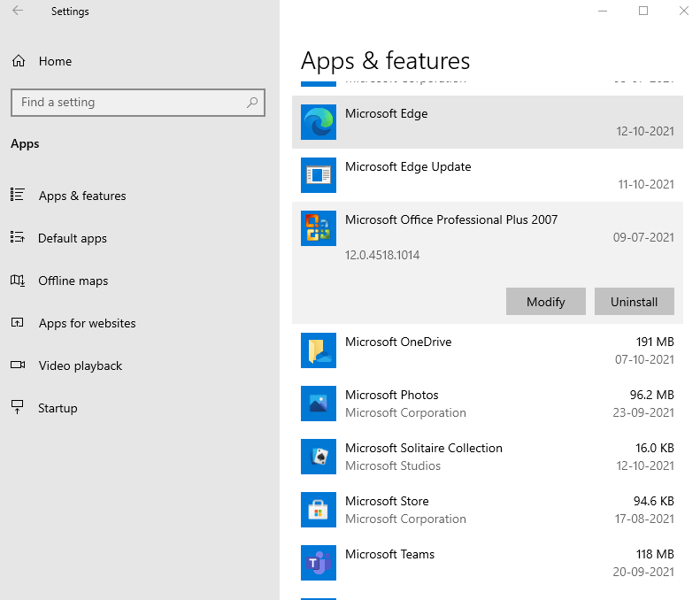 Windows Setting - Apps and Features