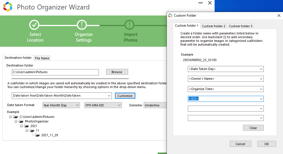 photo organizer wizard - custom folder