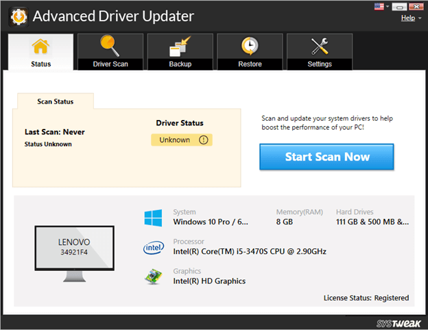 Advanced Driver Updater - Scan now