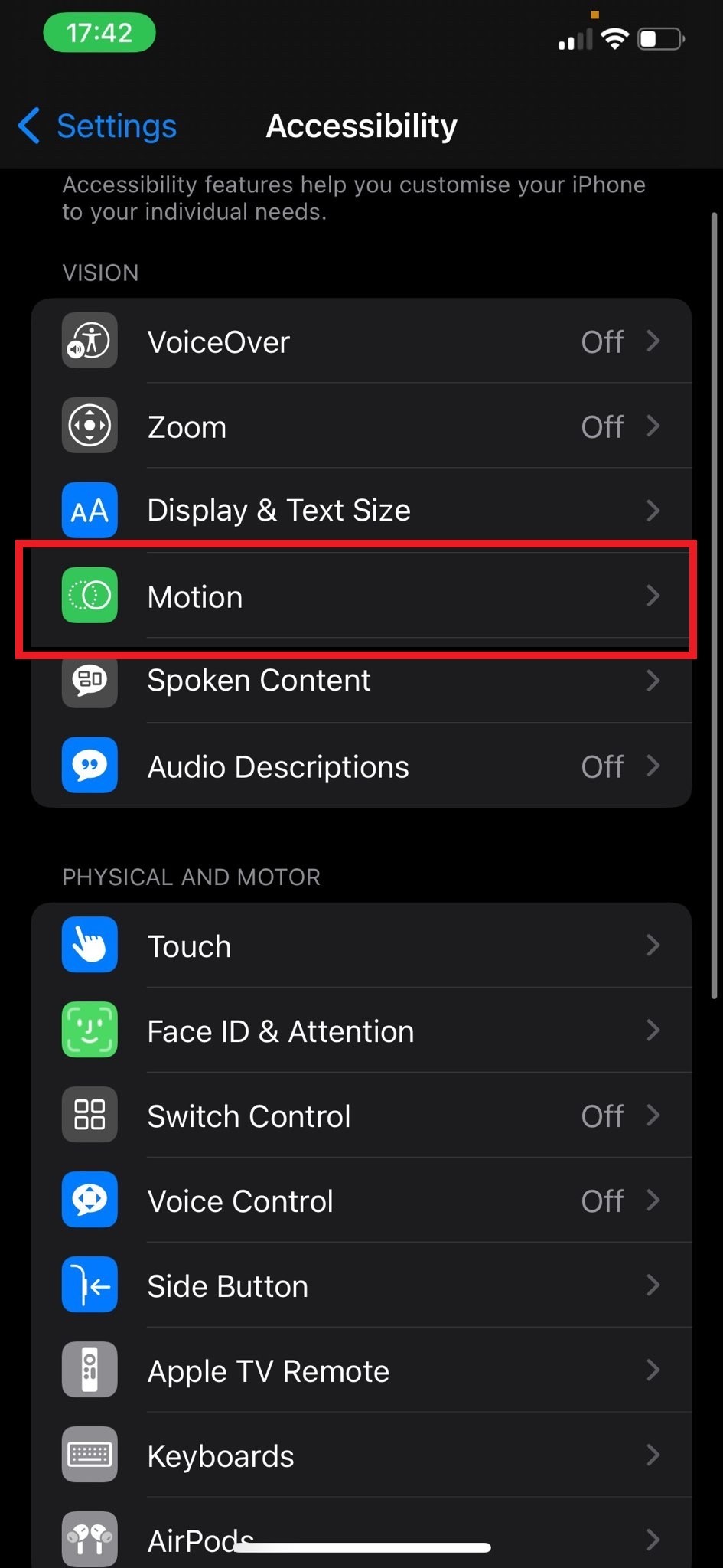 iphone motion setting