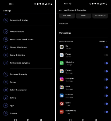 Notifications and status bar