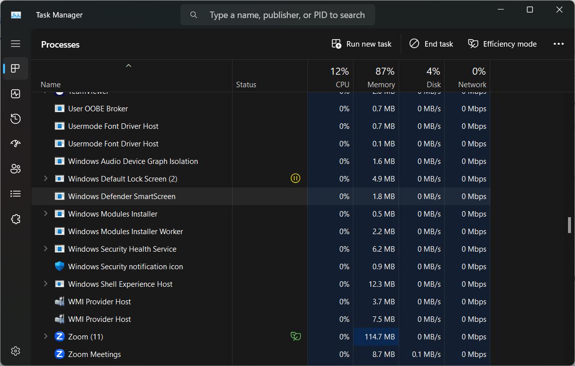 Processes Tab