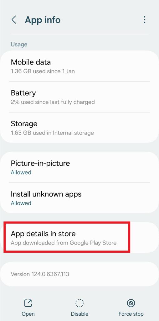 App details in the store