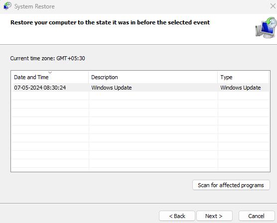 System Restore dialog