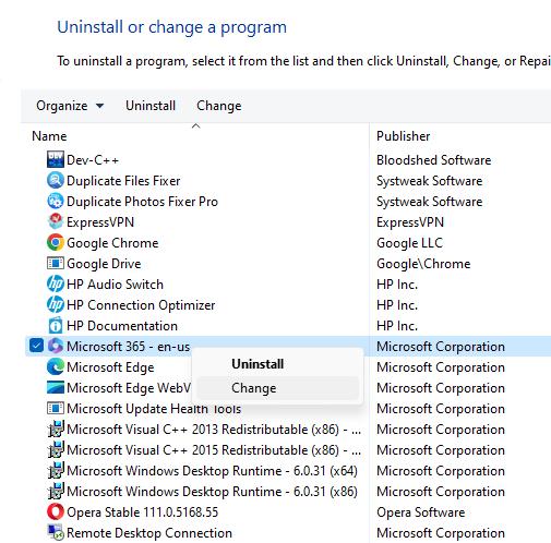 uninstll or change program