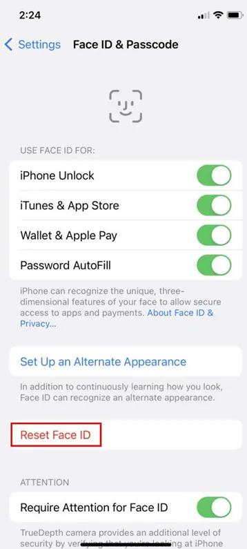 Tap Reset Face ID.