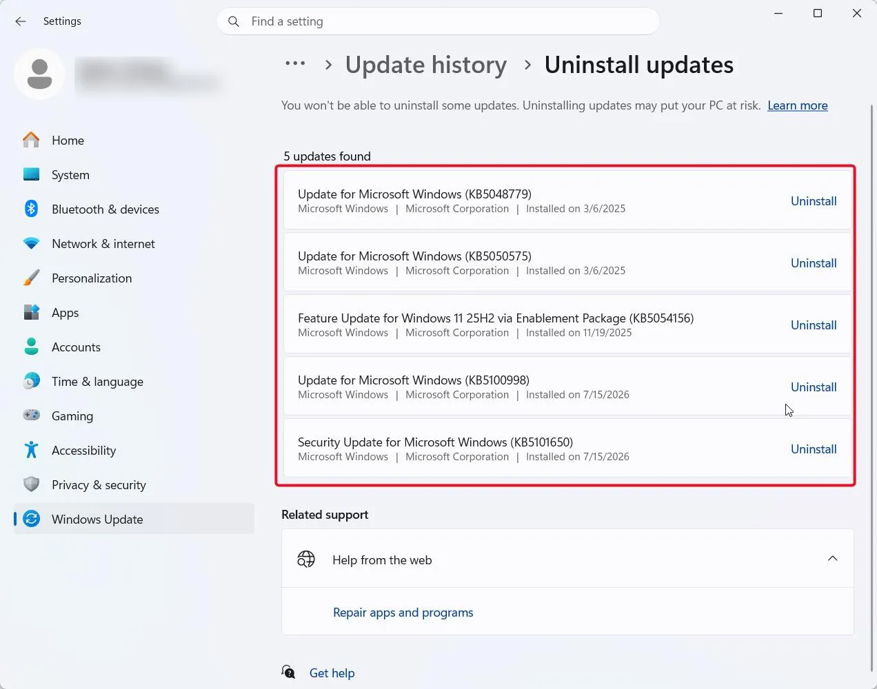 click Uninstall
