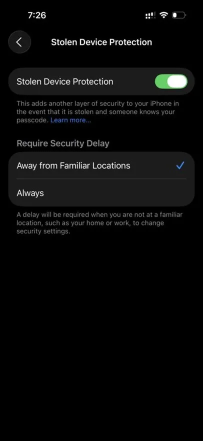 turn off Stolen Device Protection
