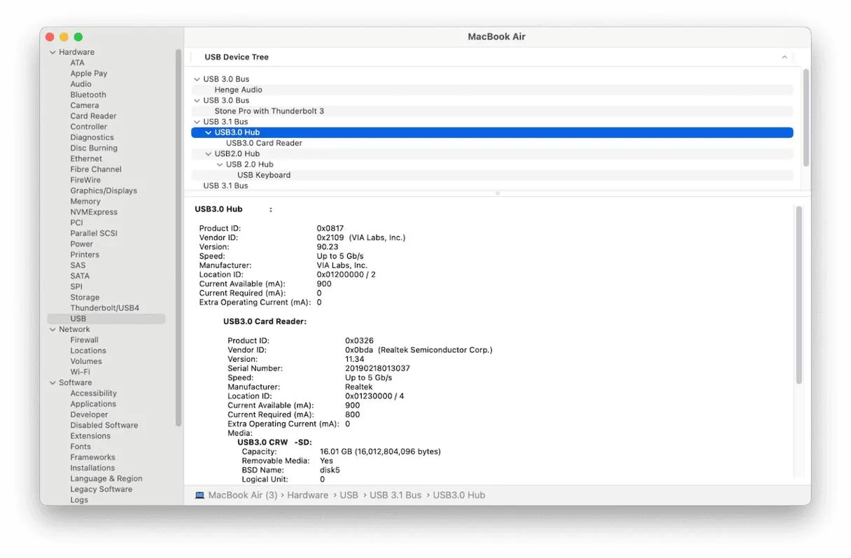 List of connected USB devices