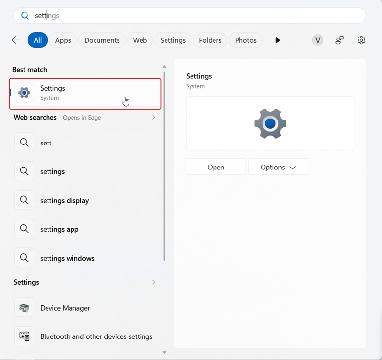 Settings menu